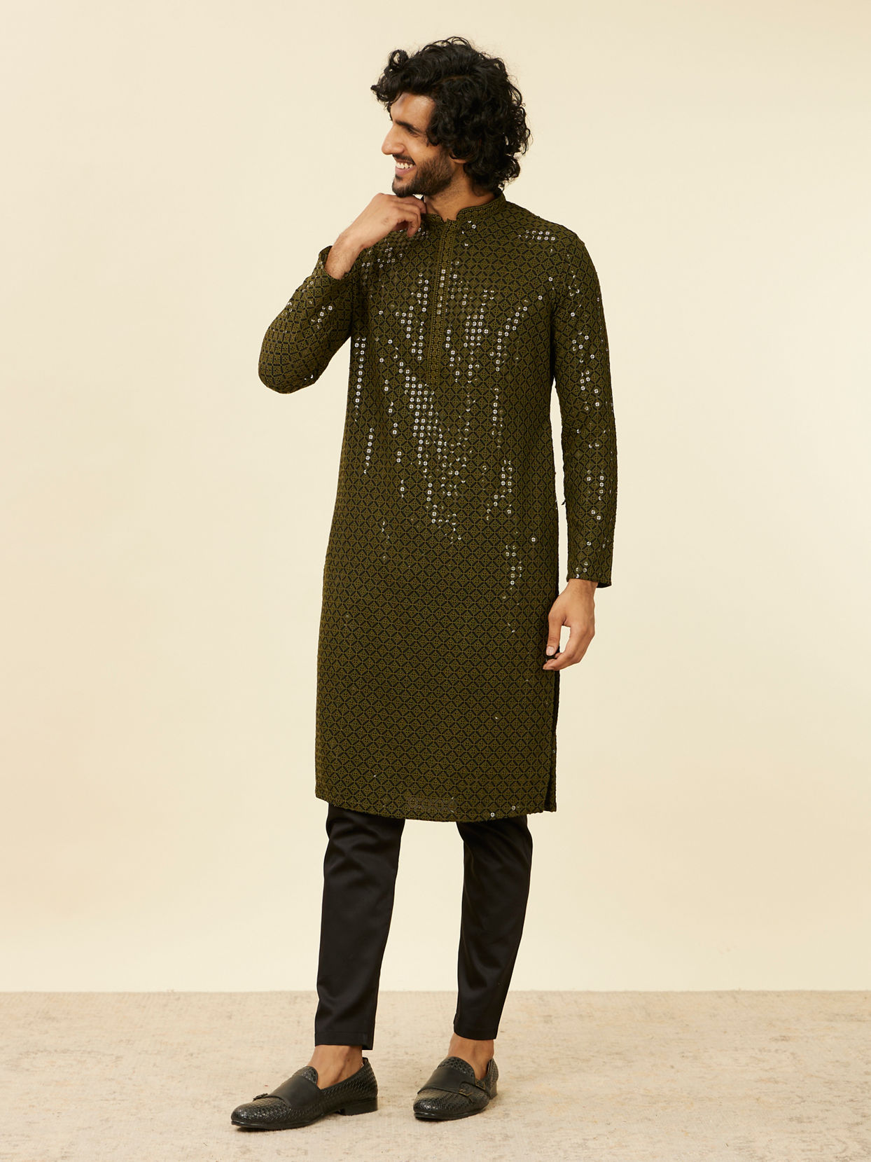 alt message - Manyavar Men Olive Green Chikankari Kurta Set image number 2